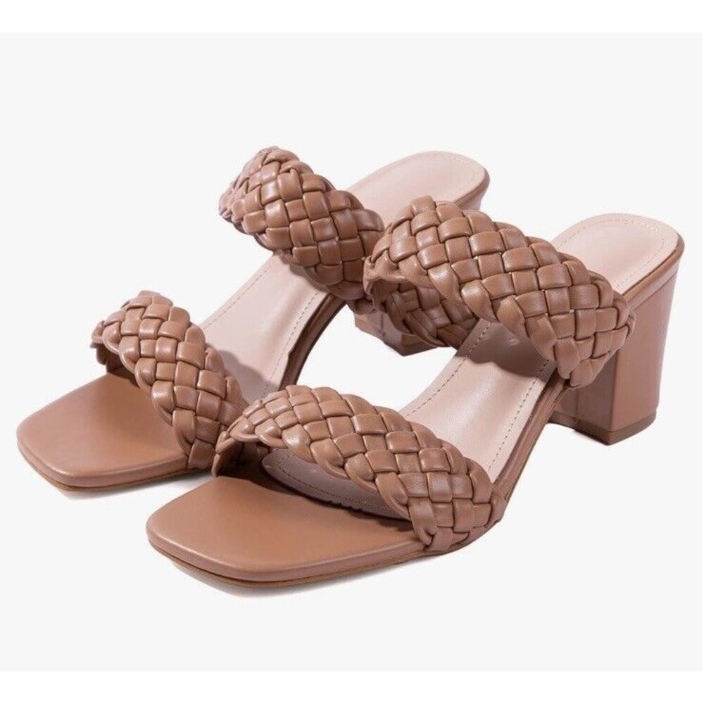 Women Heels Sandals Woven Size 6 Chunky Braided Nude Square Toes - Picture 2 of 8